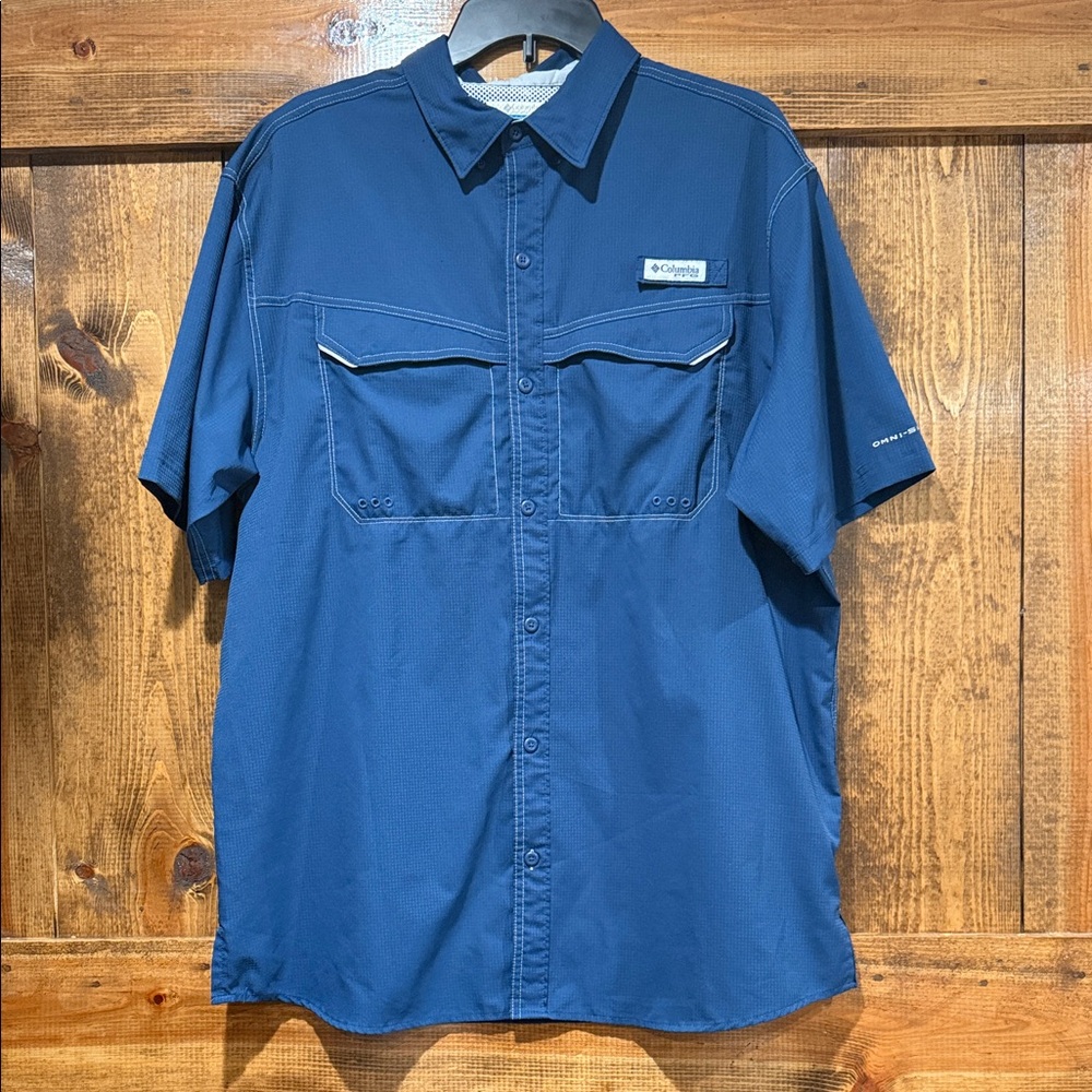 Columbia PFG Omni Shade Short Sleeve Button Front Shirt Mens Large Blue